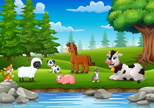 Ilustración Vectorial Los Animales Granja Están Disfrutando Naturaleza Junto Río — Vector de stock