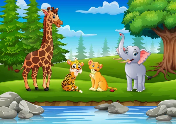 Illustration of The animals are enjoying nature by the river