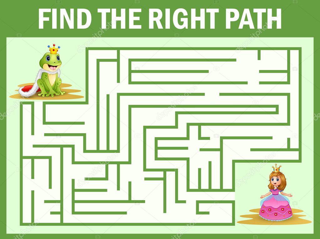 Vector illustration of Maze game find a frog princes way to princess