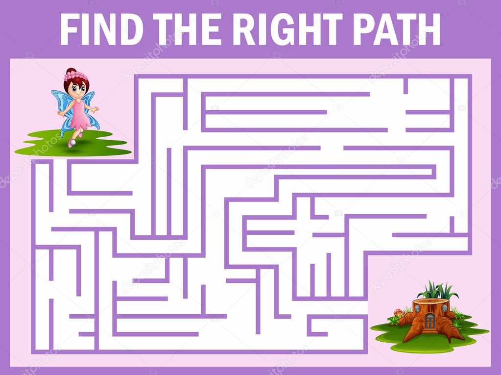 Vector illustration of Maze game finds the fairy fly away to the home