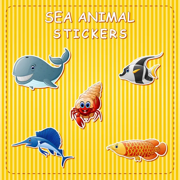 Sevimli Çizgi Deniz Hayvanları Etiket Vektör Çizim — Stok Vektör