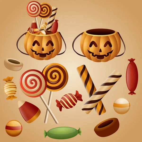 Vector Illustration Halloween Pumpkins Basket Candy — Stock Vector