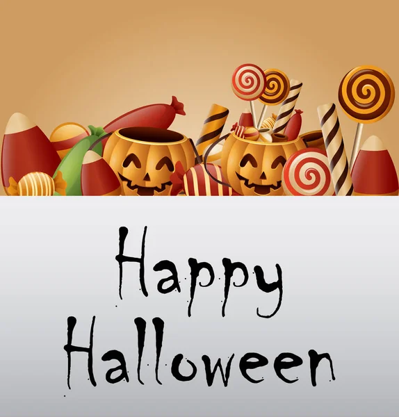 Illustrazione Vettoriale Halloween Sfondo Zucche Cesto Caramelle Raccolte — Vettoriale Stock