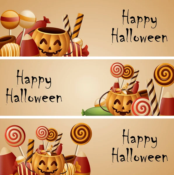 Ilustración Vectorial Cesta Calabazas Banner Halloween Dulces Recogidos — Vector de stock
