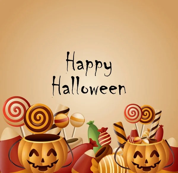 Illustrazione Vettoriale Happy Halloween Cesto Zucche Carta Con Caramelle — Vettoriale Stock