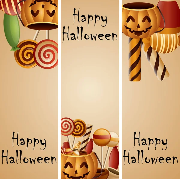 Vector Illustration Halloween Banner Pumpkins Basket Collected Candy — Stock Vector