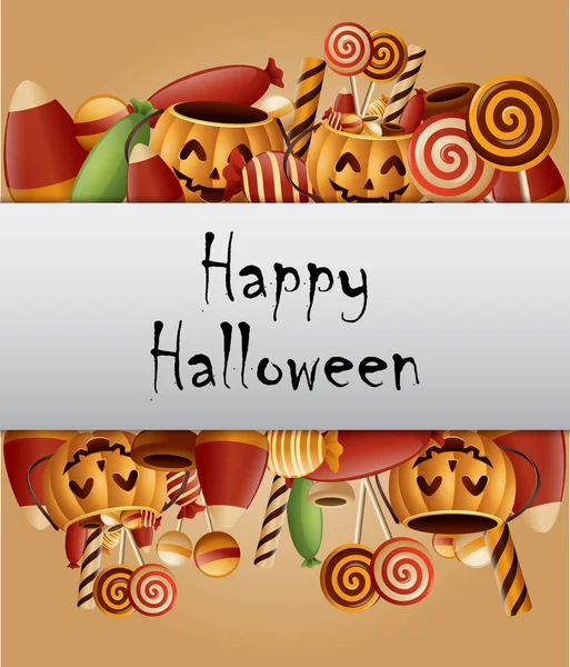 Illustrazione Vettoriale Halloween Sfondo Zucche Cesto Caramelle Raccolte — Vettoriale Stock
