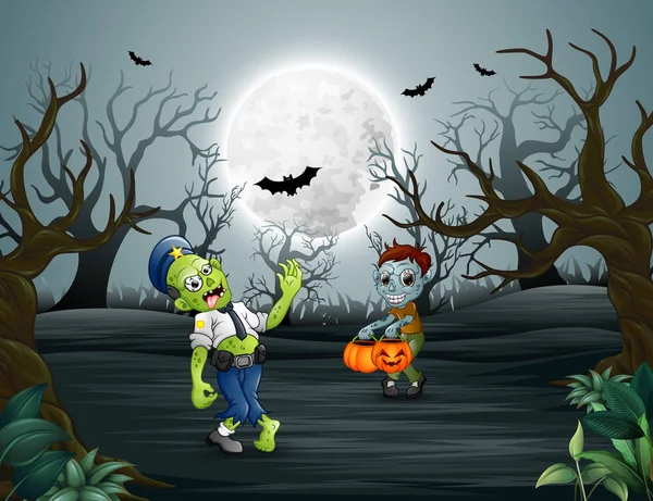 Illustrazione Vettoriale Degli Zombie Che Camminano Nella Foresta Morta Notte — Vettoriale Stock