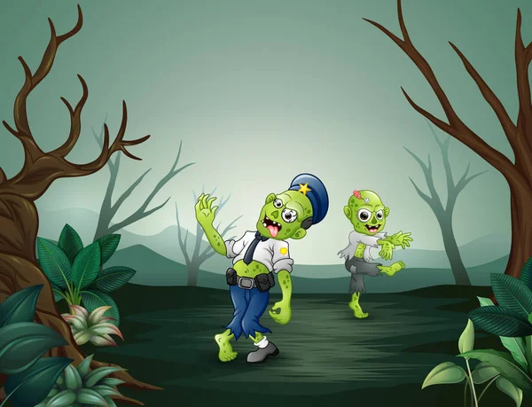Illustrazione Vettoriale Zombie Raccapriccianti Che Camminano Nella Foresta — Vettoriale Stock