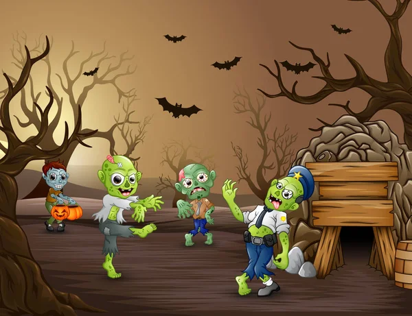 Ilustração Vetorial Halloween Zumbi Andando Floresta Morta —  Vetores de Stock