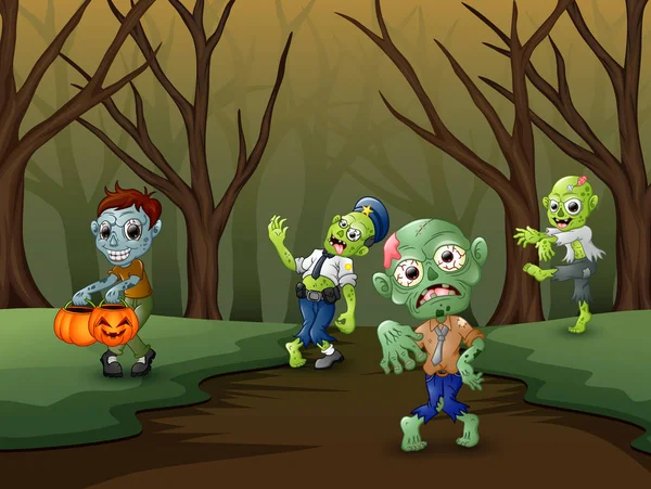 Illustration Vectorielle Petit Zombie Marchant Sur Forêt Dans Halloween — Image vectorielle
