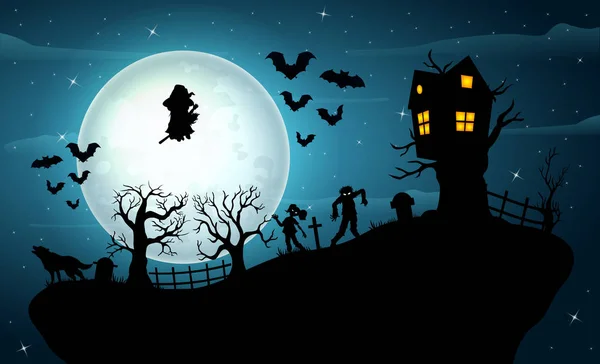 Illustration Vectorielle Nuit Halloween Sur Colline — Image vectorielle