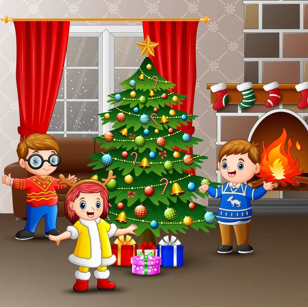 Щасливі Діти Святкують Різдво Будинку — стоковий вектор