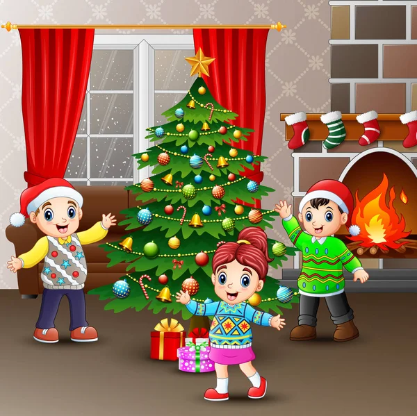 Happy Kids Celebrating Christmas House — Stock Vector