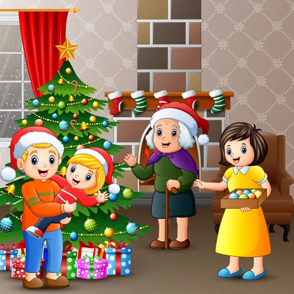 Celebrar Una Navidad Con Familia Casa — Vector de stock