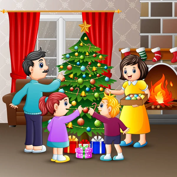 Joyeux Décoration Famille Arbre Noël Ensemble — Image vectorielle