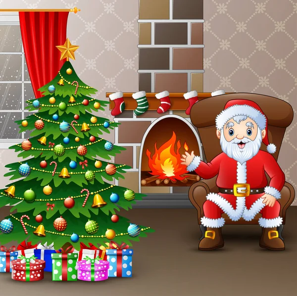 Weihnachtsmann Sitzt Auf Sofa Neben Geschmücktem Kiefernbaum Und Der Schachtel — Stockvektor
