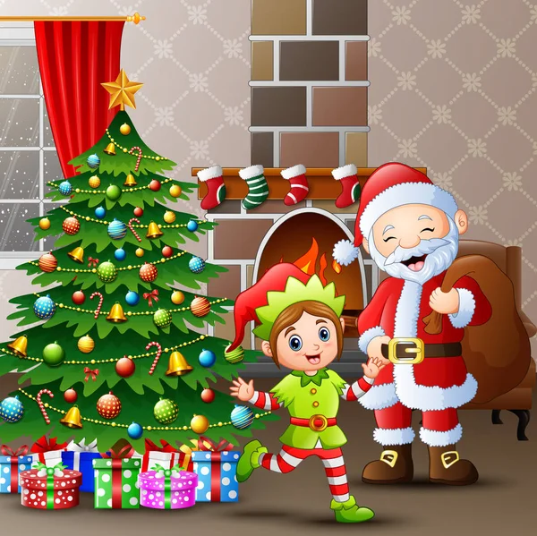 Feliz Navidad Con Santa Claus Elfos Casa — Vector de stock