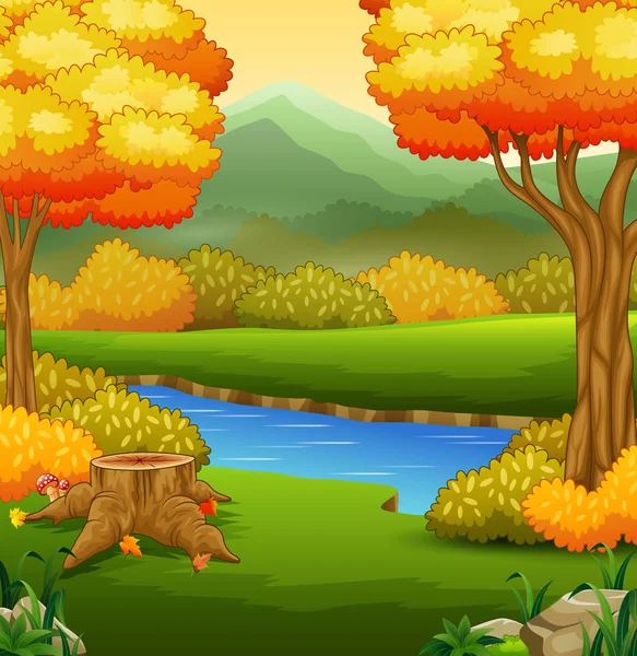 川と木と秋の風景 — ストックベクタ