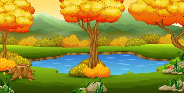 川と木と秋の風景 — ストックベクタ