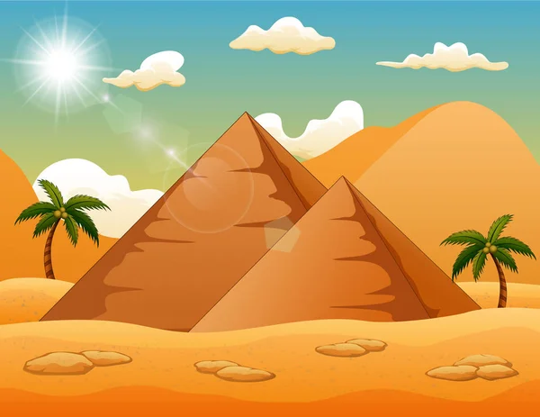 砂漠のピラミッドとヤシの木と背景 — ストックベクタ