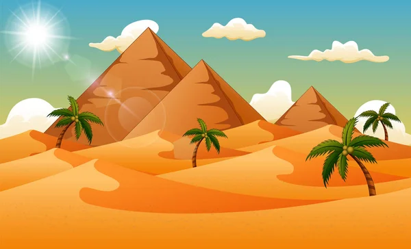 砂漠のピラミッドとヤシの木と背景 — ストックベクタ