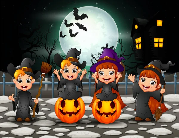 Felice Halloween Bambini Pieno Sfondo Luna — Vettoriale Stock