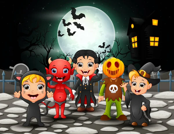 Felice Halloween Bambini Pieno Sfondo Luna — Vettoriale Stock