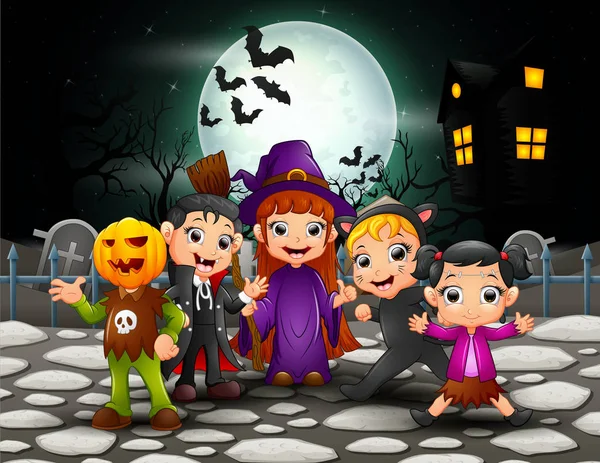 Feliz Halloween Niños Luna Llena Fondo — Archivo Imágenes Vectoriales