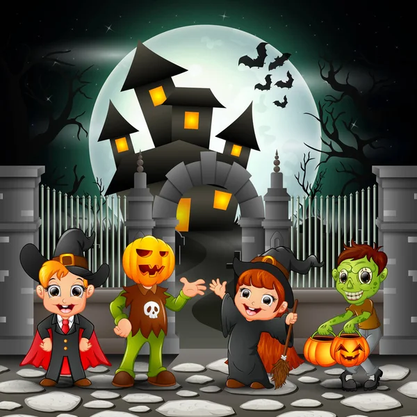 Dibujos Animados Niños Felices Con Fondo Halloween — Vector de stock