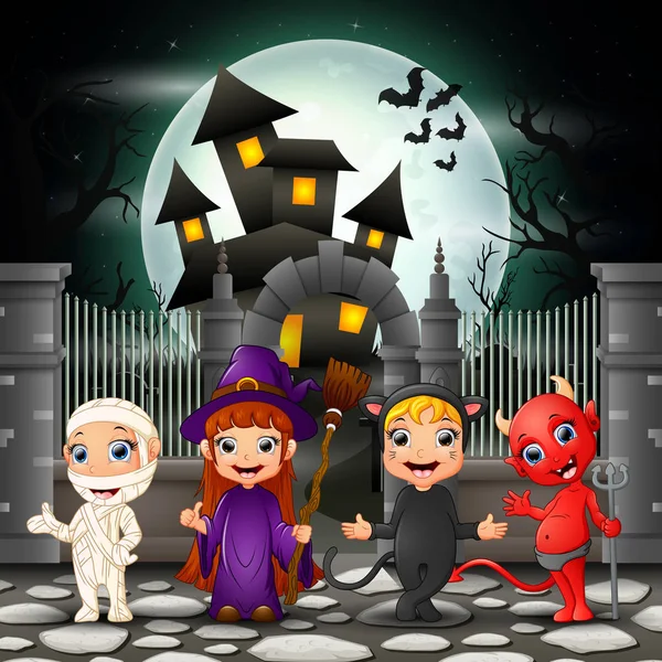 Dibujos Animados Niños Felices Con Fondo Halloween — Vector de stock