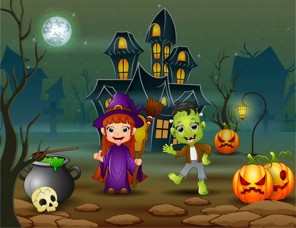 Happy Halloween Heks Frankestein Voor Het Huis — Stockvector