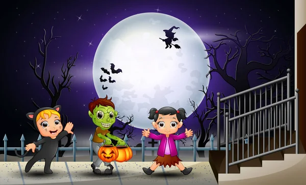 Feliz Halloween Los Niños Fondo Luna Llena — Archivo Imágenes Vectoriales