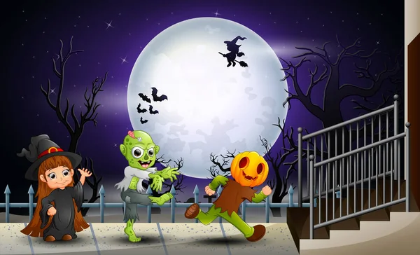 Feliz Halloween Los Niños Fondo Luna Llena — Archivo Imágenes Vectoriales