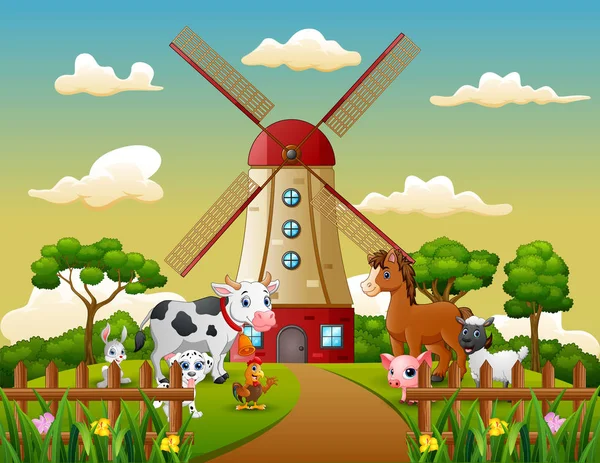 Glückliches Tier Mit Windmühlenbau Hintergrund — Stockvektor