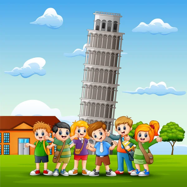 Cartoon Gelukkige Jonge Geitjes Voor Pisa Tower Achtergrond — Stockvector