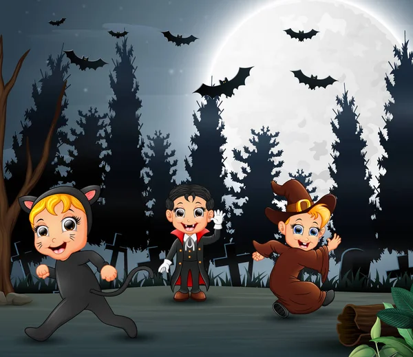 Niños Felices Vistiendo Disfraz Halloween Noche — Vector de stock