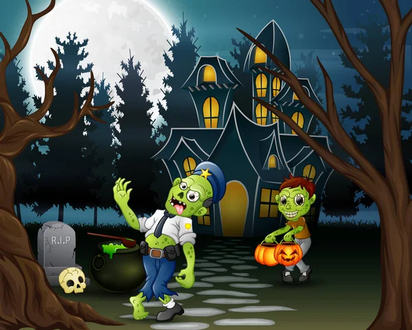 Kreskówki Dwóch Zombie Przed Nawiedzony Dom — Wektor stockowy