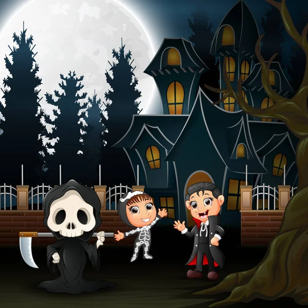 Feliz Halloween Niños Con Casa Miedo Luna Llena Noche — Archivo Imágenes Vectoriales