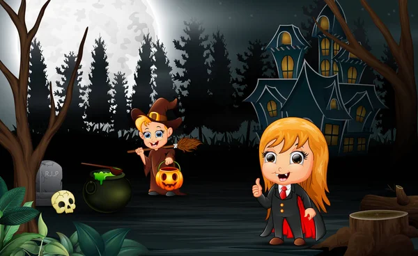 Feliz Halloween Com Vampiro Bruxa Desenhos Animados —  Vetores de Stock