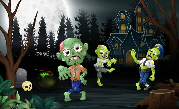 Cartoon Tre Zombie Firandet Halloween Fest Utomhus — Stock vektor