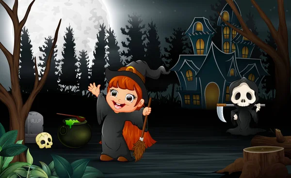 Happy Halloween Met Magere Hein Het Meisje Van Heks — Stockvector