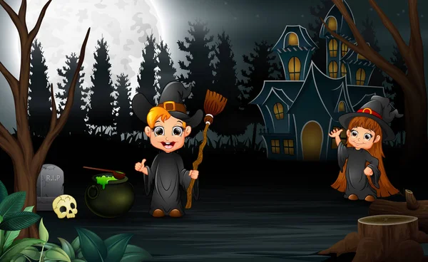 Cartoon Hexenfeier Halloween Nächtlichen Hintergrund — Stockvektor