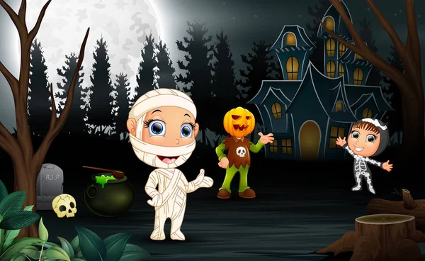 Niños Felices Vistiendo Disfraz Halloween Noche — Archivo Imágenes Vectoriales