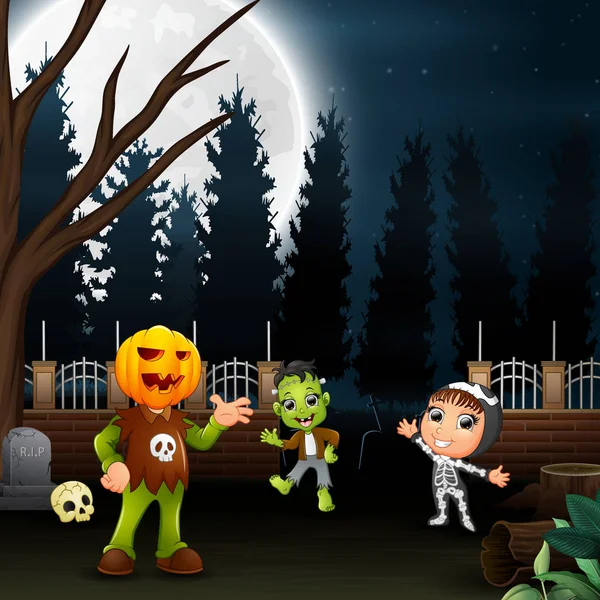 Niños Felices Vistiendo Disfraz Halloween Fondo Luna Llena — Archivo Imágenes Vectoriales