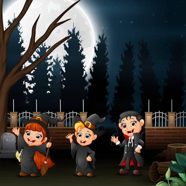 Happy Kids Wearing Halloween Costume Full Moon Background — Stock Vector