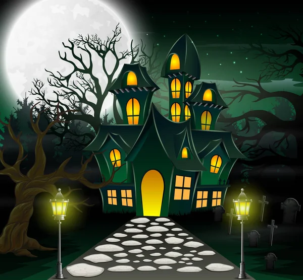 Cartoon Haunted House Full Moon Background Greenlight — Stock Vector