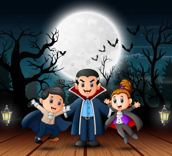 Famiglia Vampiri Nel Giorno Halloween All Aperto Notte — Vettoriale Stock