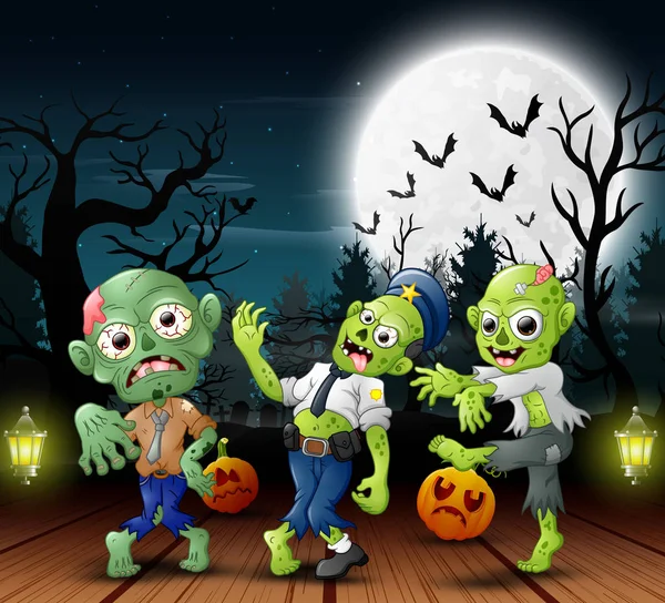 Cartone Animato Tre Zombie Con Riempire Sfondo Luna Notte — Vettoriale Stock