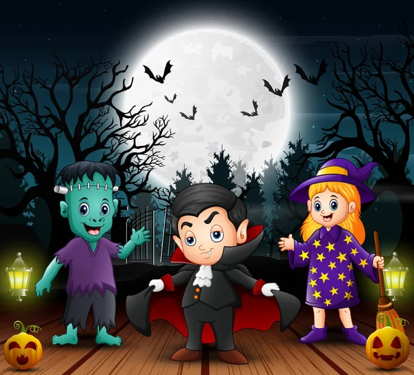 Enfants Heureux Portant Costume Halloween Nuit — Image vectorielle